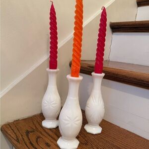 3 vintage milk glass vases that can also be used as candle holders.